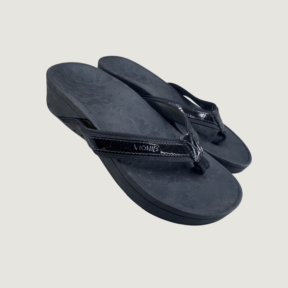 Vionic High Tide Sandals Size 7 Black Platform Orthotic Flip Flops Comfort